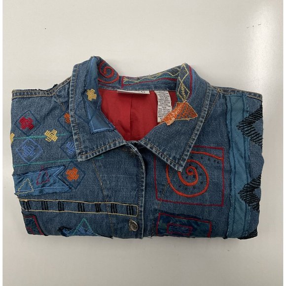 Vintage Chico's Denim Jacket Womens 2 Silk Patxhwork Designs Womens L/12 - Picture 13 of 14